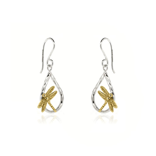 Raindrop Dragonfly Large Drop Earrings - 9ct Yellow Gold and Sterling Silver Drop Earrings