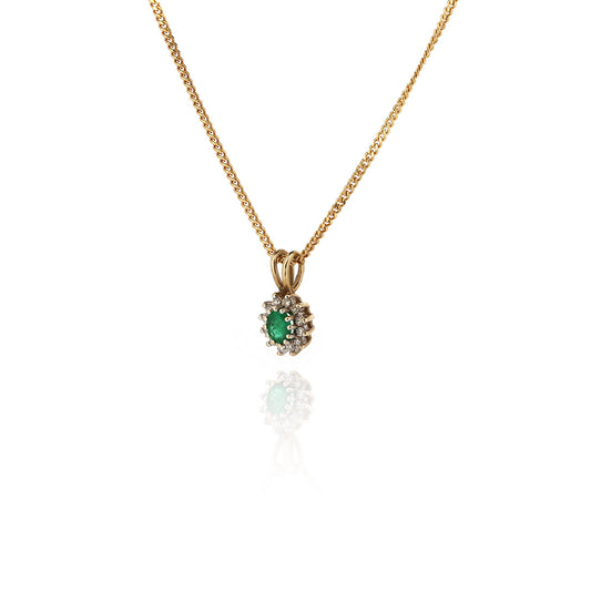 Pre-Owned - Emerald and Diamond Cluster Pendant and Chain