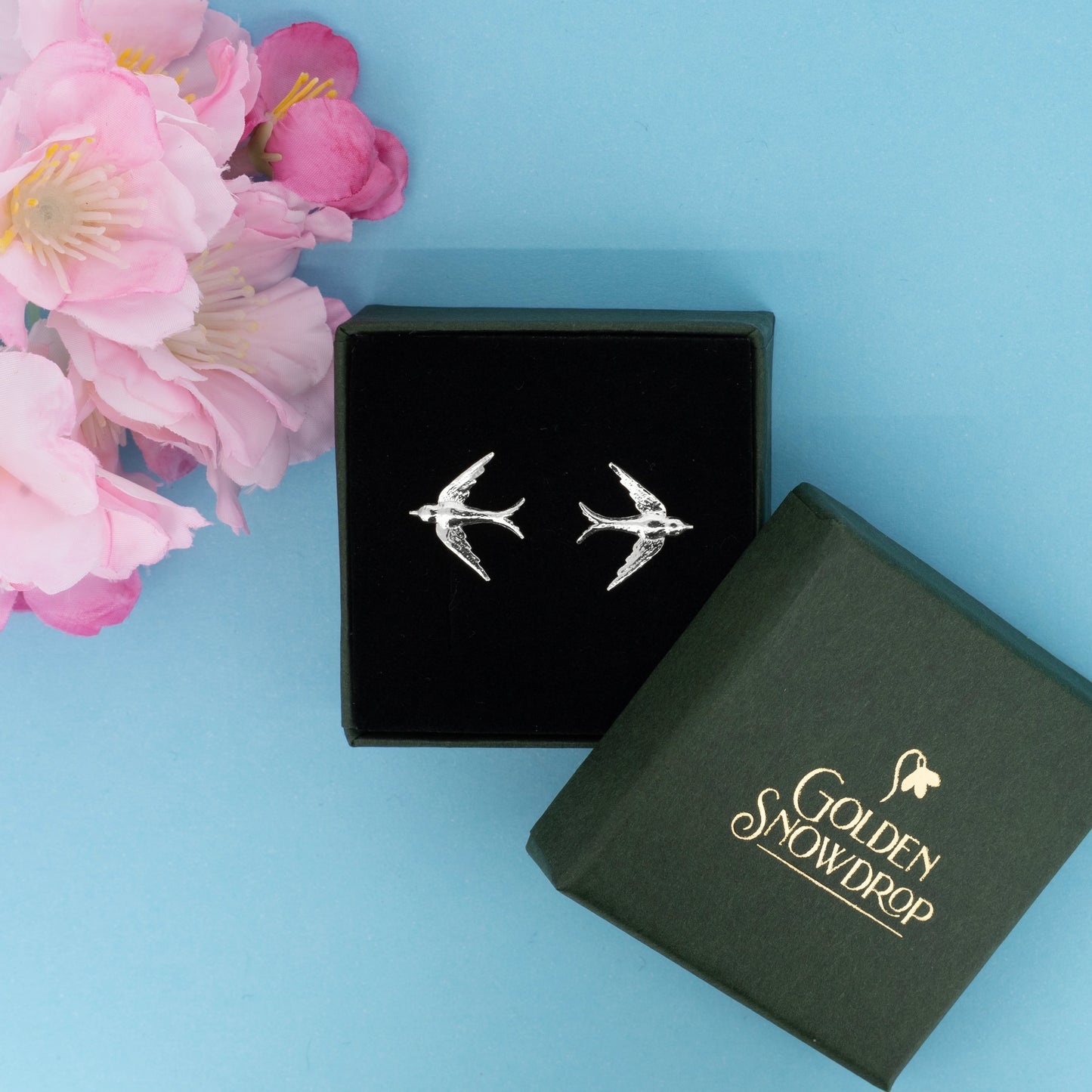 Large swallow stud earrings in sterling silver displayed in jewellery box | Golden Snowdrop