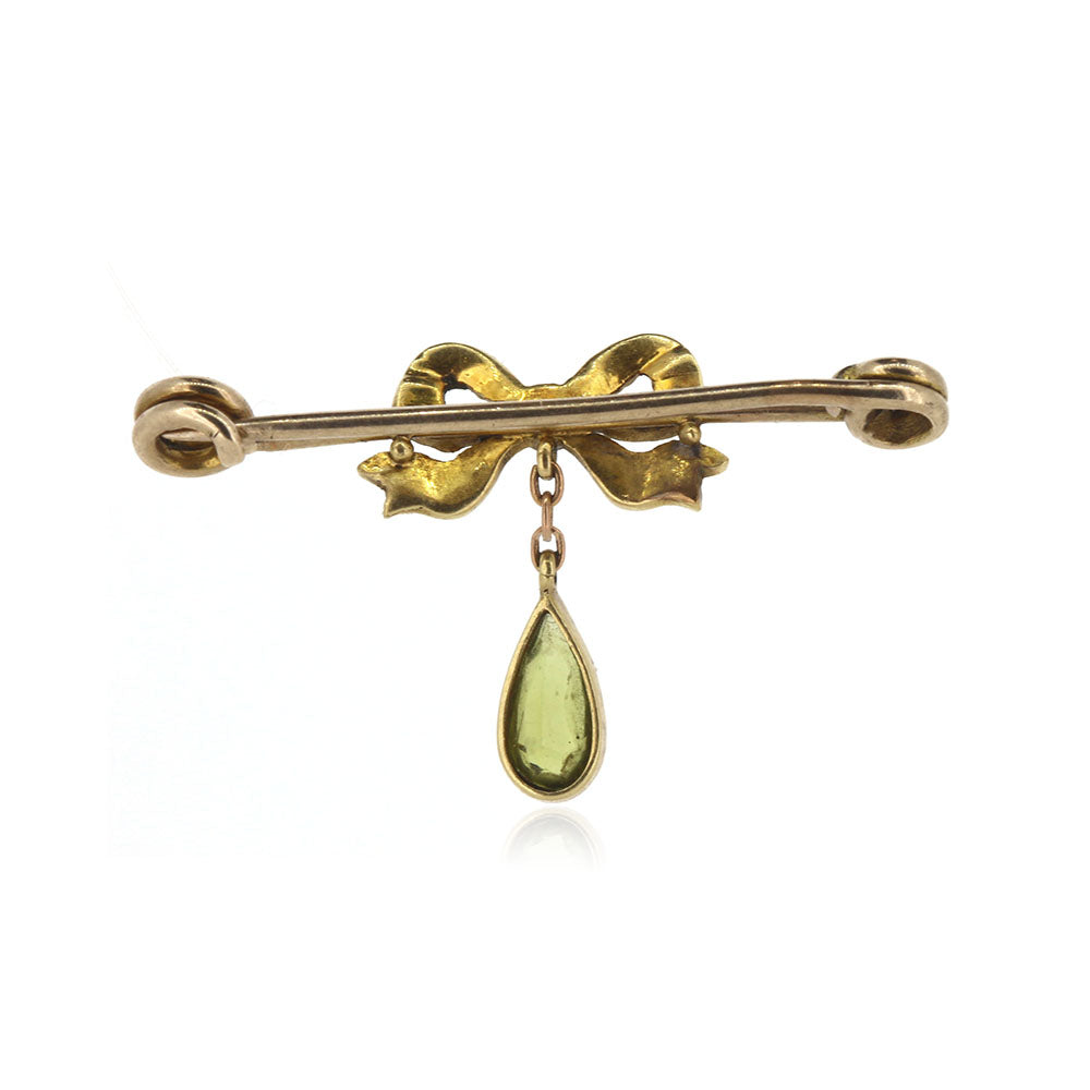 Antique - Edwardian Seed Pearl and Peridot Bow Brooch Brooches