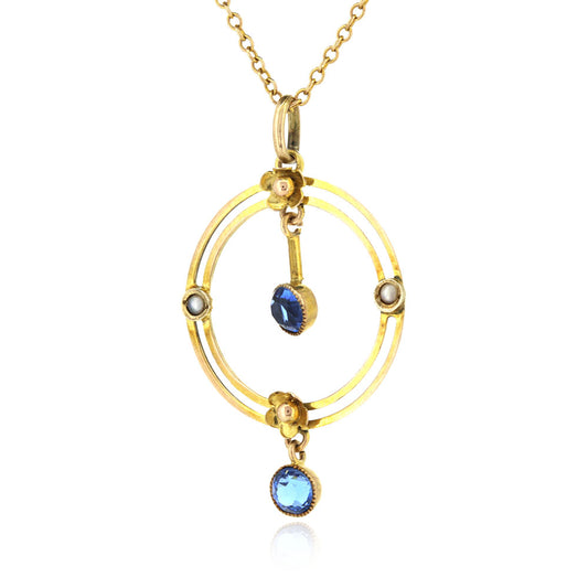 Antique - Edwardian Blue Paste & Pearl Necklace Necklace