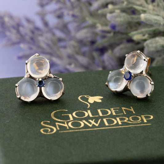 Moonstone cabochon cluster stud earrings with central sapphire in silver setting | Golden Snowdrop