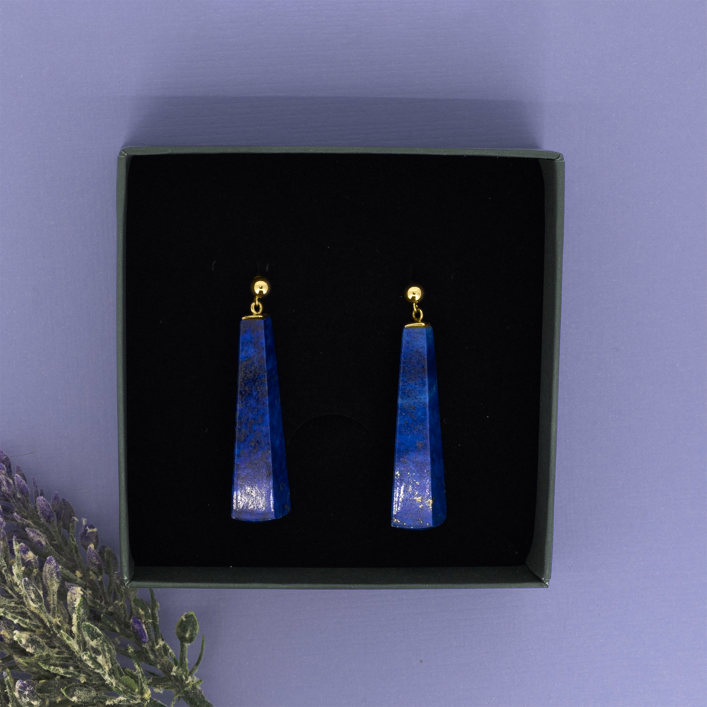 Lapis lazuli long drop earrings displayed in jewellery box | Golden Snowdrop