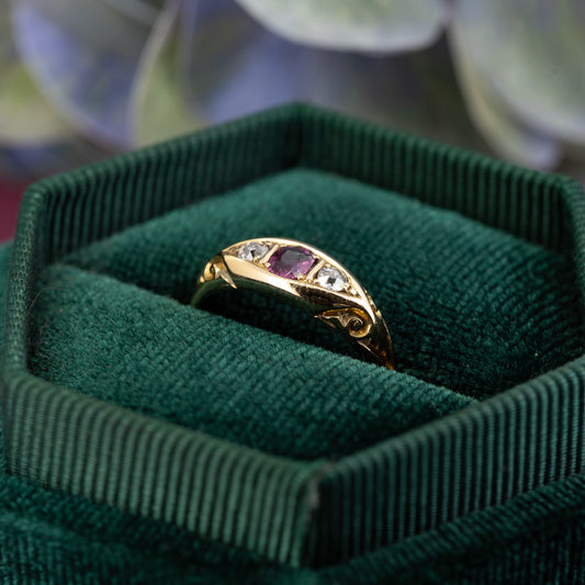 1909 Edwardian 18ct Yellow Gold Ruby and Diamond Pea Pod Ring - Antique