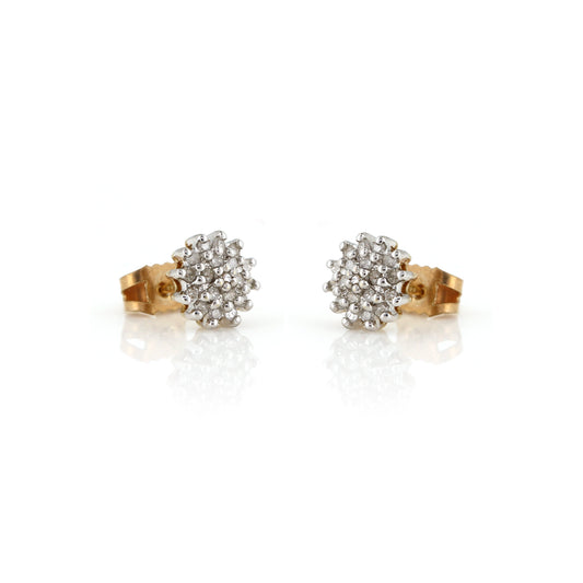 Diamond Cluster Stud Earrings 9ct Gold - Vintage