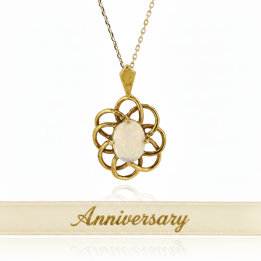 Vintage Gold Opal Pendant with Anniversary Ribbon Banner