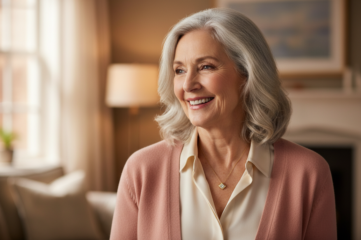 60 Year Anniversary - diamond necklace on woman smiling