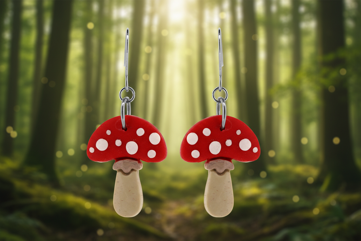 Toadstool Earrings — Blurred Forest Background