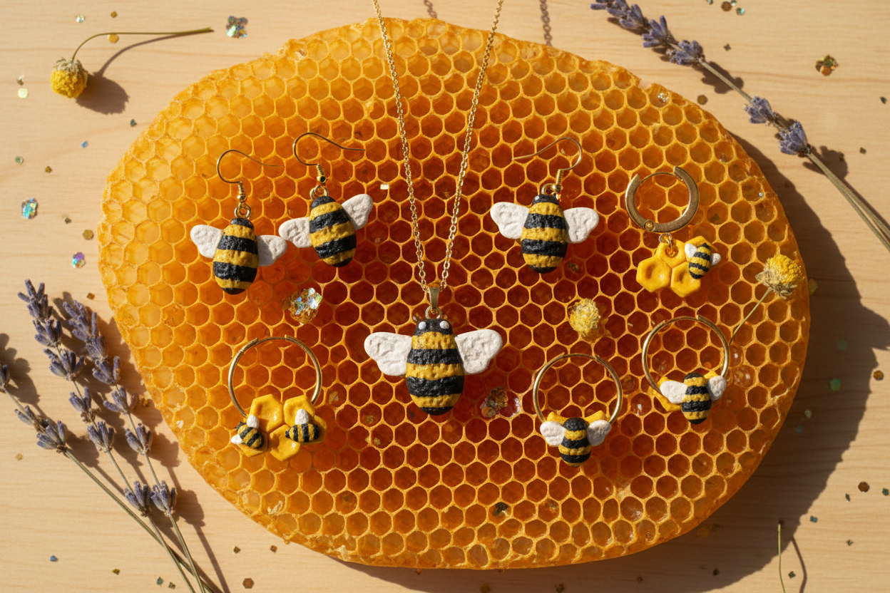 Bees & Insects - flat lay montage of bee polymer clay jewellery pieces on warm golden surface
