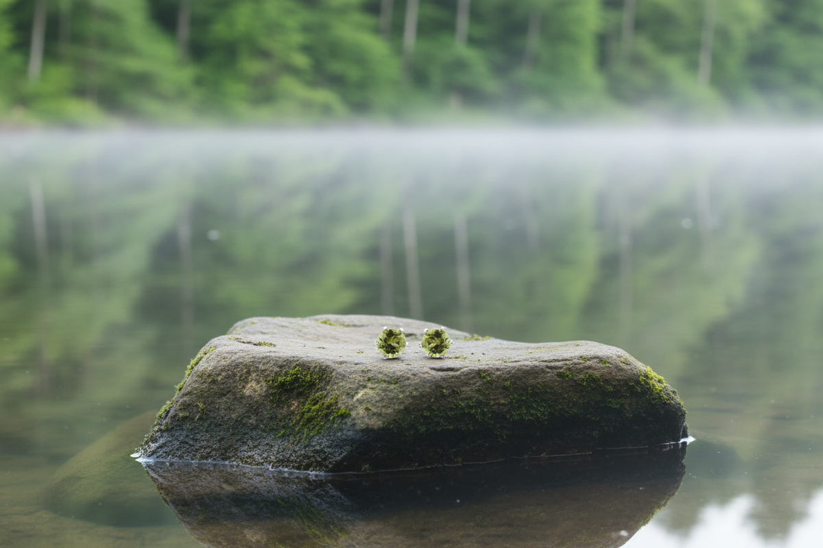 Brisa Peridot earrings on lakeside rock