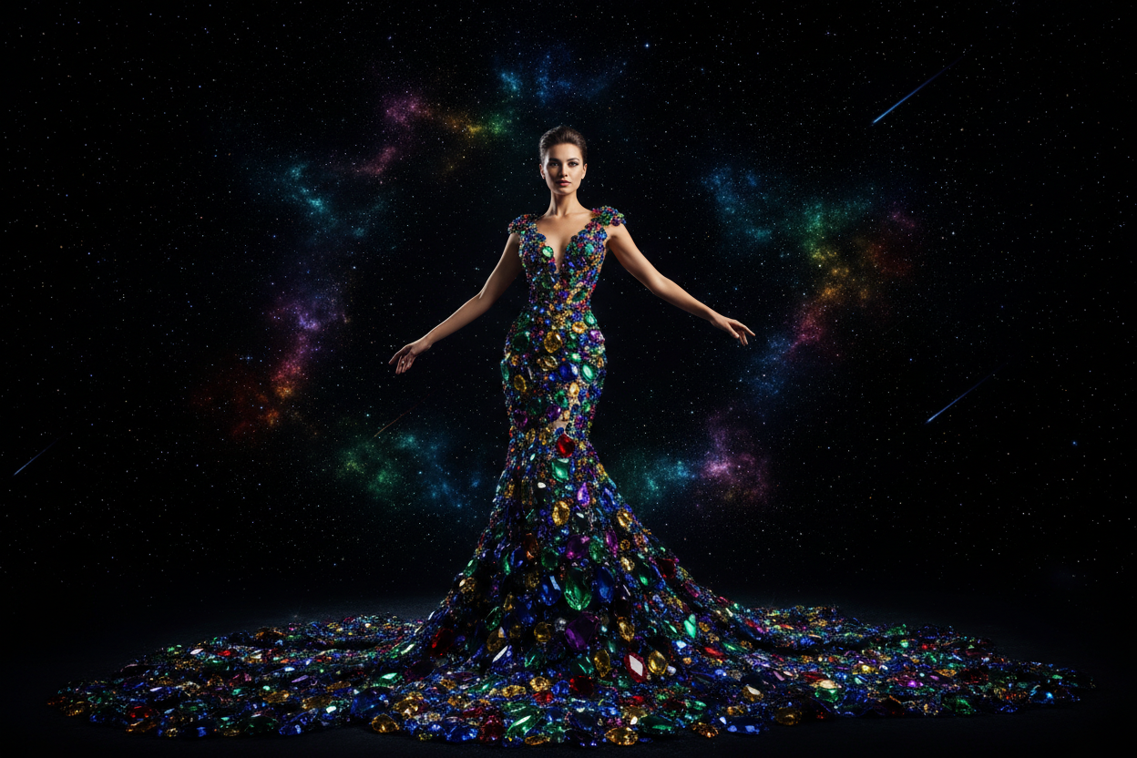 Celeste Collection - woman in a gown made of faceted coloured gemstones against a night sky