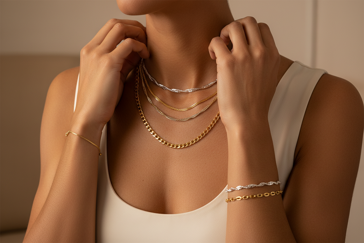 Chains Collection - woman's neck and hands with layered chains in silver and gold