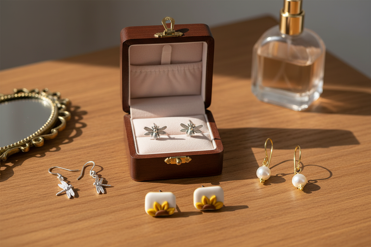 Earrings collection - jewellery case on dressing table