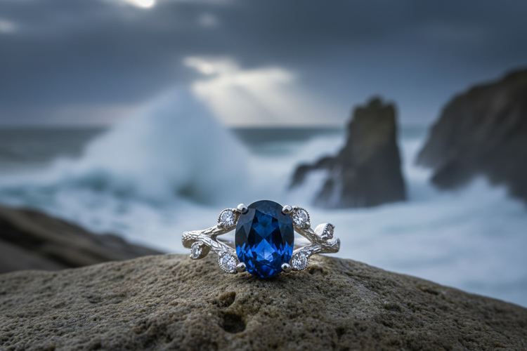Engagement Rings - sapphire ring on coastal rock with dramatic waves