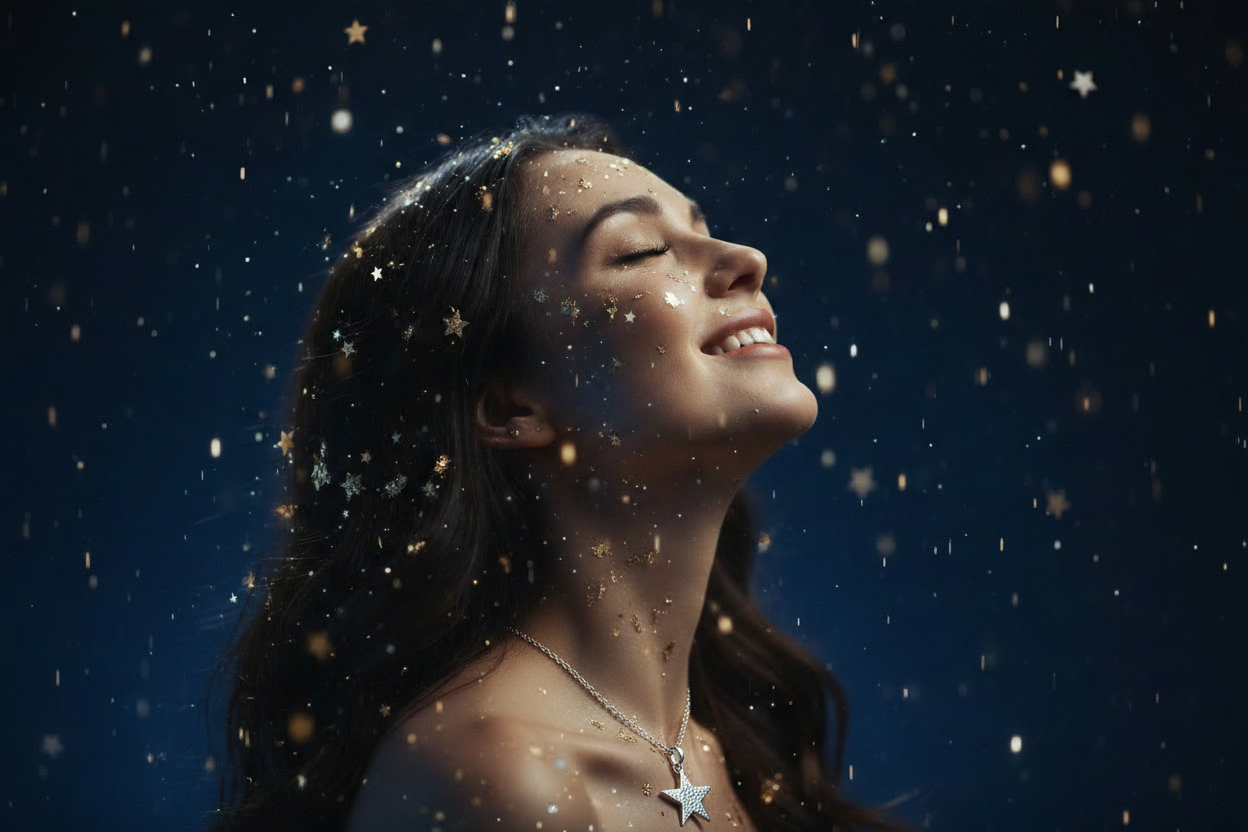 Star Collection - woman gazing up at night sky with stars falling on her face wearing a hammered silver star necklace