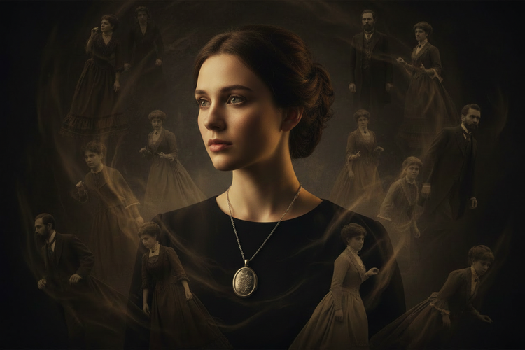 Vintage Collection - modern woman with sharply focused Victorian locket and ghostly past figures