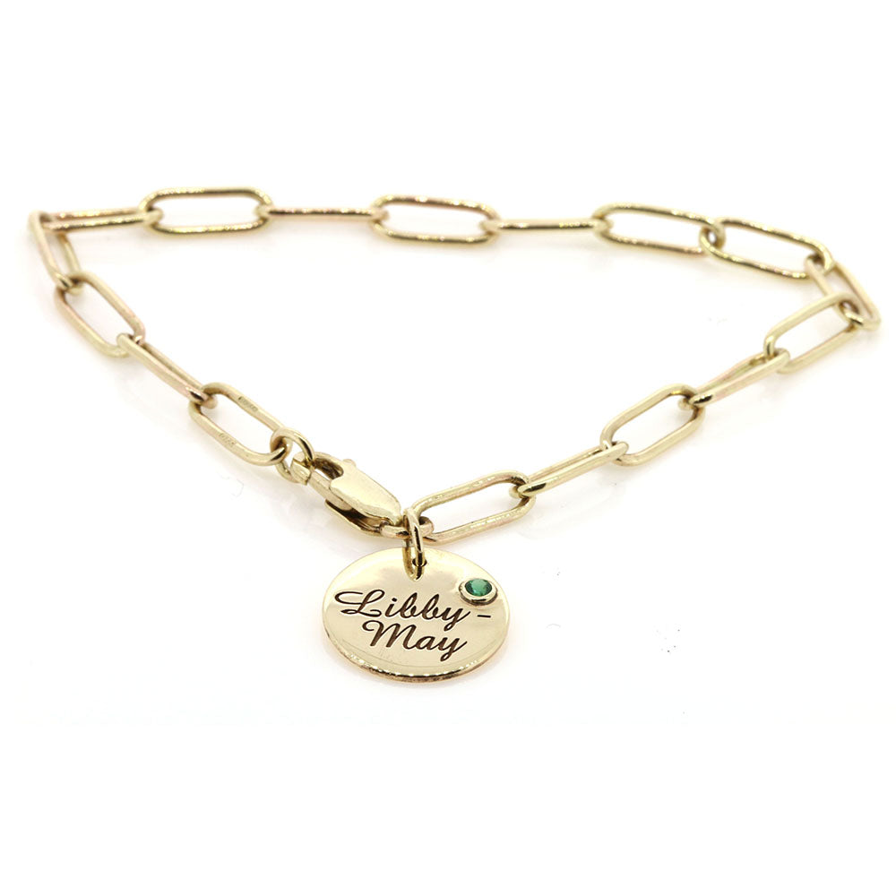 The finish peice, a bespoke, engraved Emerald 9ct Gold Bracelet. Handmade and laser engraved at Golden Snowdrop the jewellers in Shaftesbury, near Verwood. 