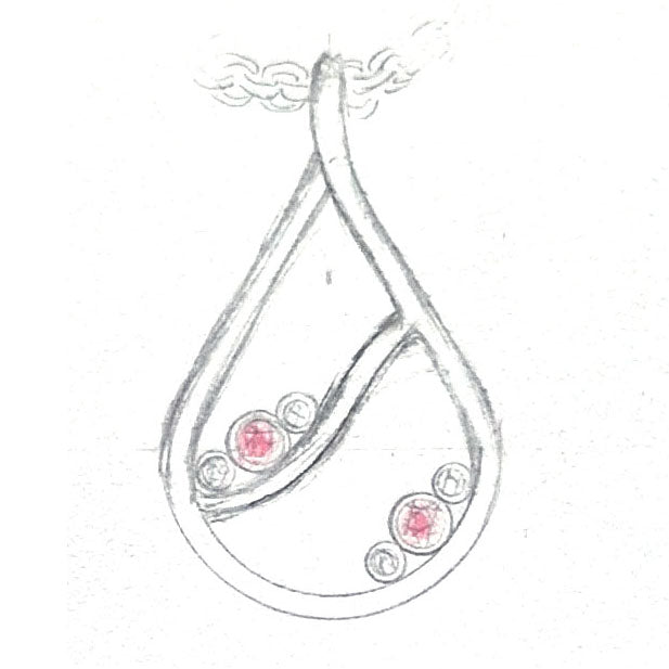 Hand drawn design, by our jeweller, designer and gemologist Stephanie of the Ruby and Diamond 18ct Yellow Gold and Platinum Pendant. Handmade from our customers remodelled gold and gemstones at Golden Snowdrop the jewellers in Shaftesbury, Dorset. 

