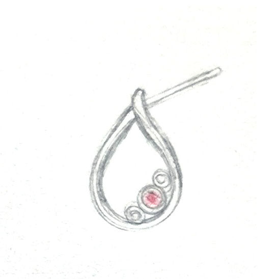 Hand-drawn design of the bespoke Ruby and Diamond 18ct Yellow Gold earrings during the first consultation with our jeweller, gemmologist and designer, Stephanie. Handmade from our customers remodelled gold and gemstones at Golden Snowdrop, the jewellers in Shaftesbury near Salisbury. 
