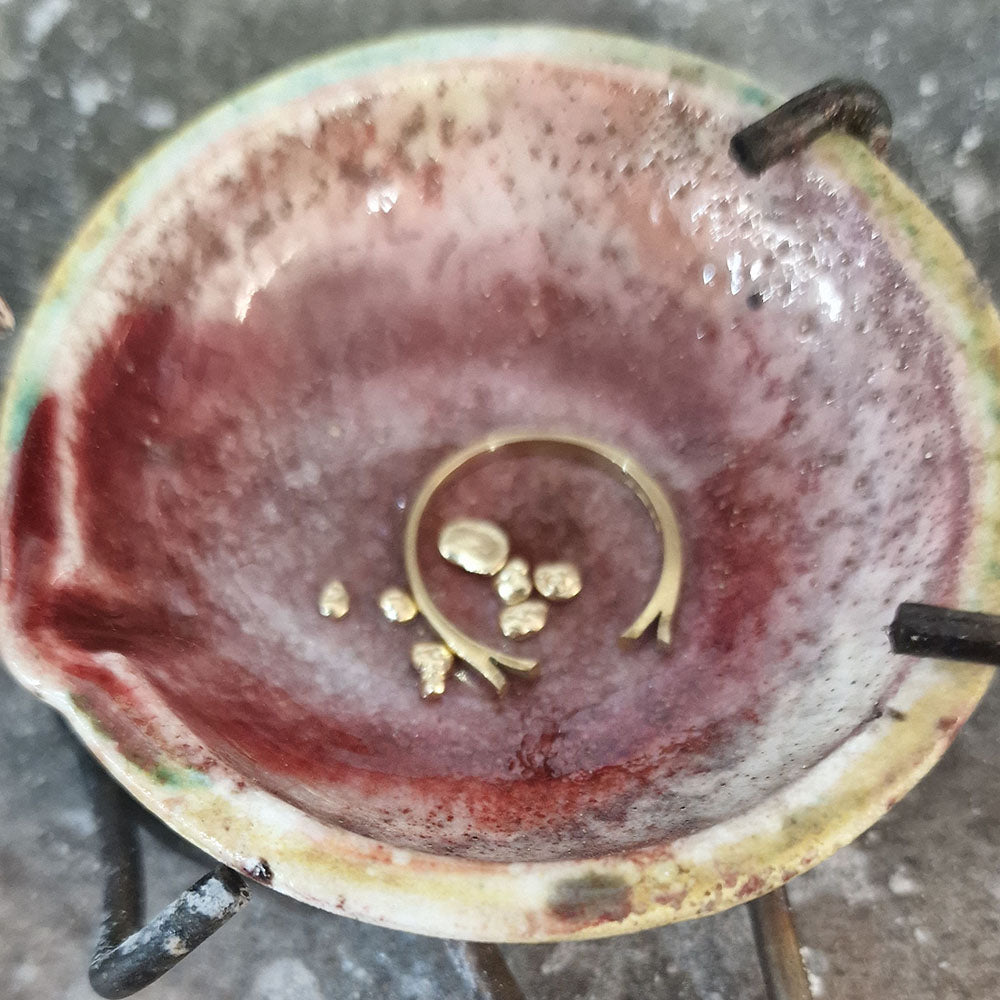 Bespoke Ruby and Diamond 18ct Yellow Gold earrings. Handmade from our customers remodelled gold and gemstones at Golden Snowdrop, the jewellers in Shaftesbury near Wilton.  