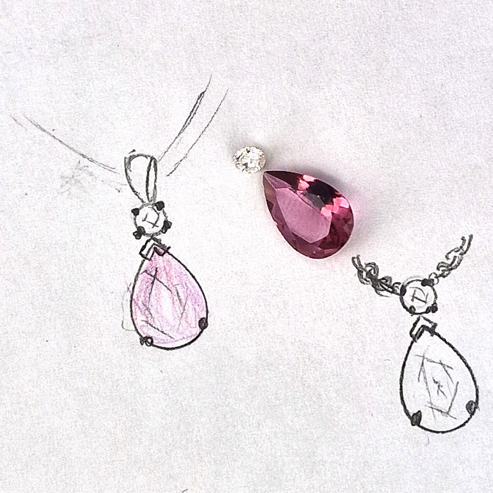 Hand drawn design of the bespoke Pink Tourmaline and Diamond Pendant in 18ct Yellow Gold. Handmade using our stones, at Golden Snowdrop the jewellers in Shaftesbury, near Wincanton. 