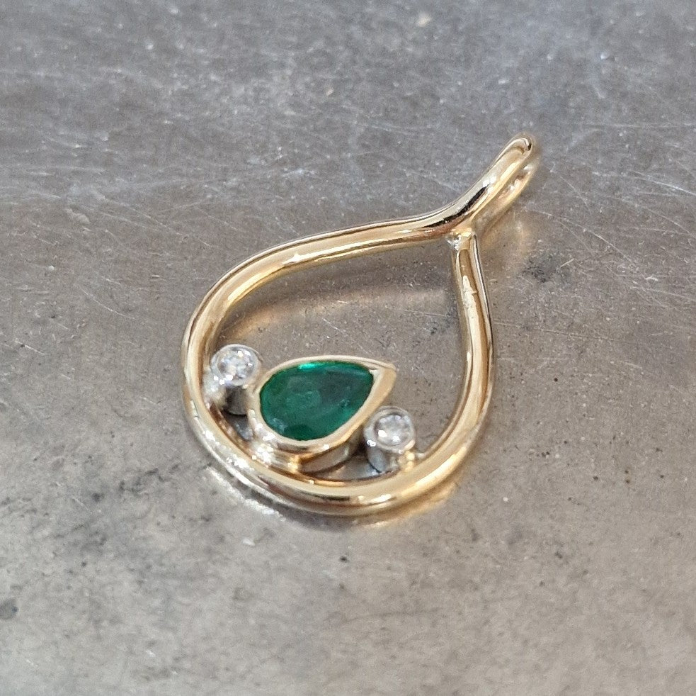 Bespoke Emerald and Diamond Handmade Yellow Gold Pendant. 
Remodelled from our customers original ring at Golden Snowdrop the jewellers in Shaftesbury, near Salisbury. 
