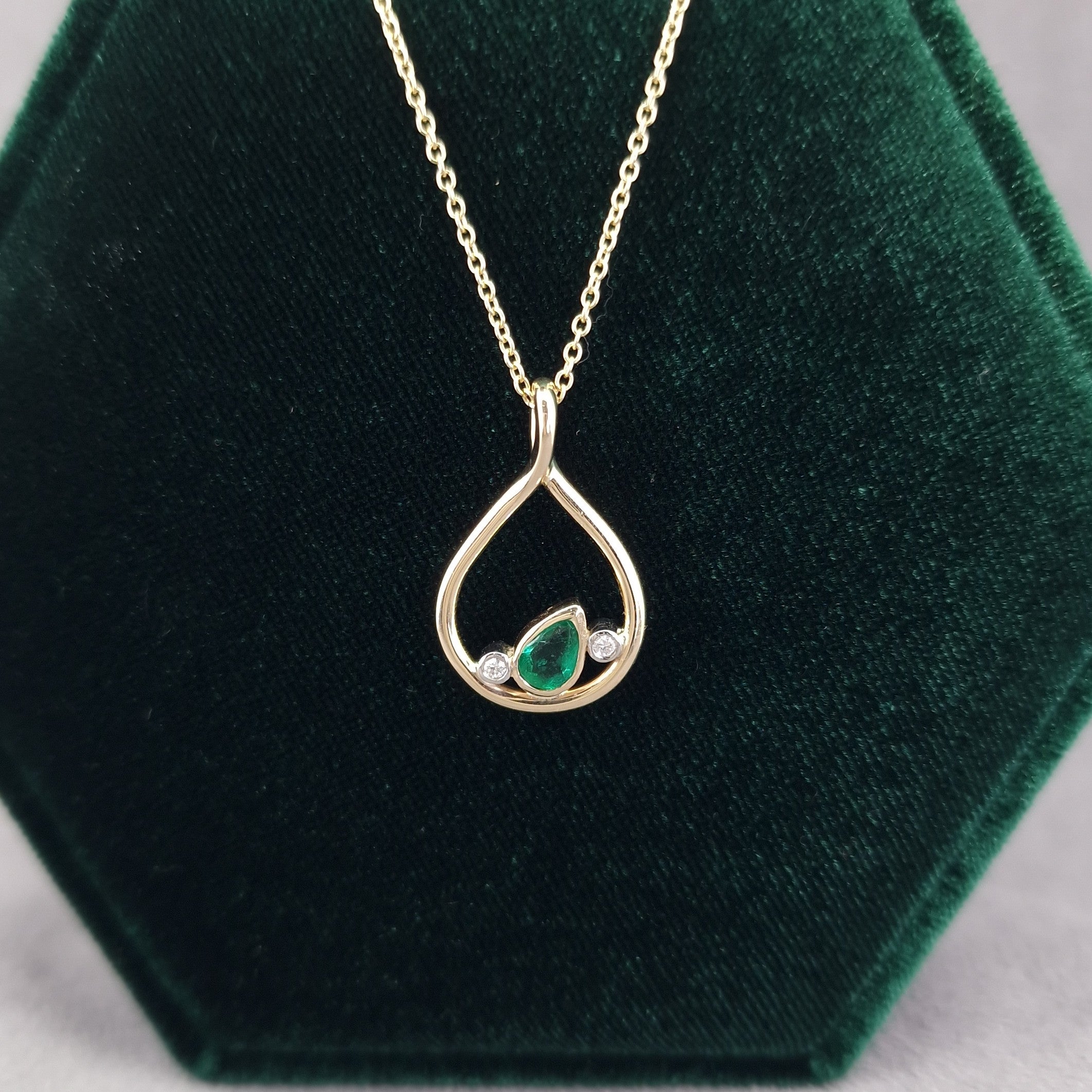 Bespoke Emerald and Diamond Handmade Yellow Gold Pendant. 
Remodelled from our customers original ring at Golden Snowdrop the jewellers in Shaftesbury, near Wilton.  