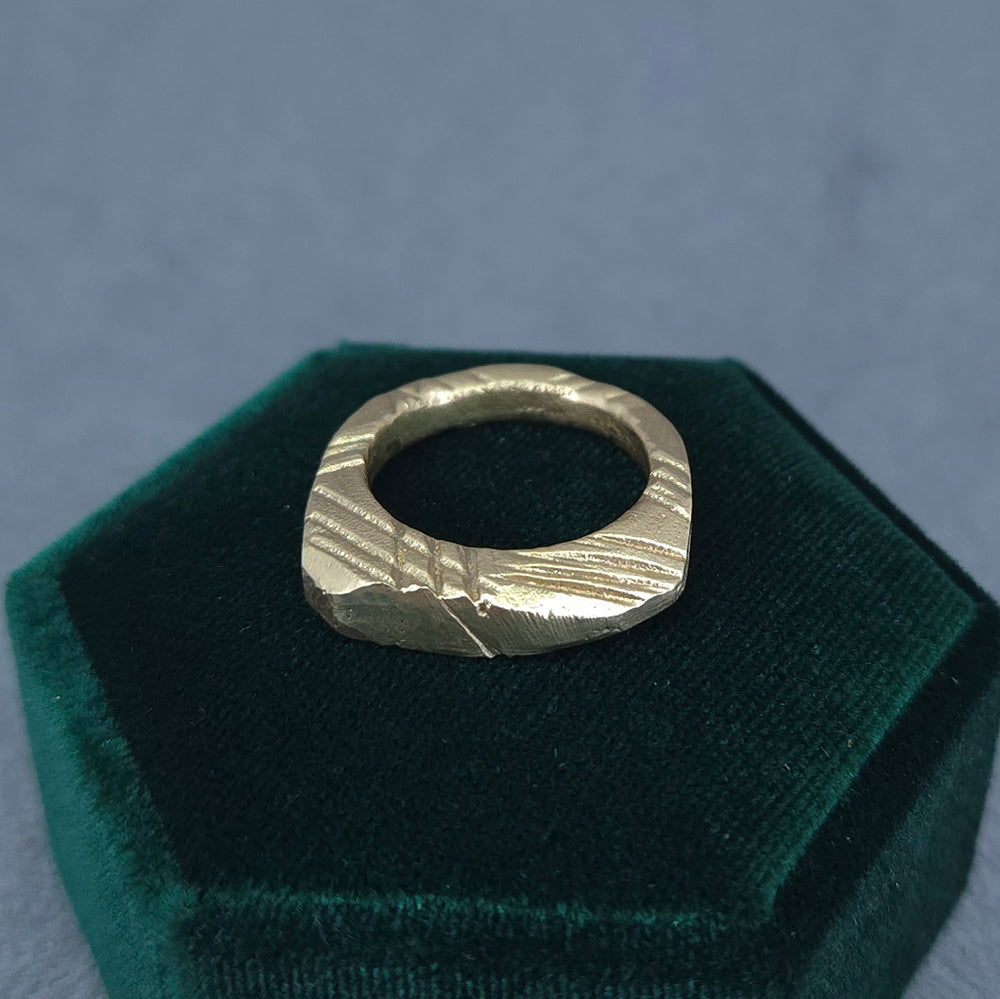 Bespoke design and hand made Artistic, Asymetric, Textured Gold Ring. Wax carved and sand cast in store, using our customer's remodelled gold at Golden Snowdrop Jewellers in Shaftesbury, Dorset near Mere. 