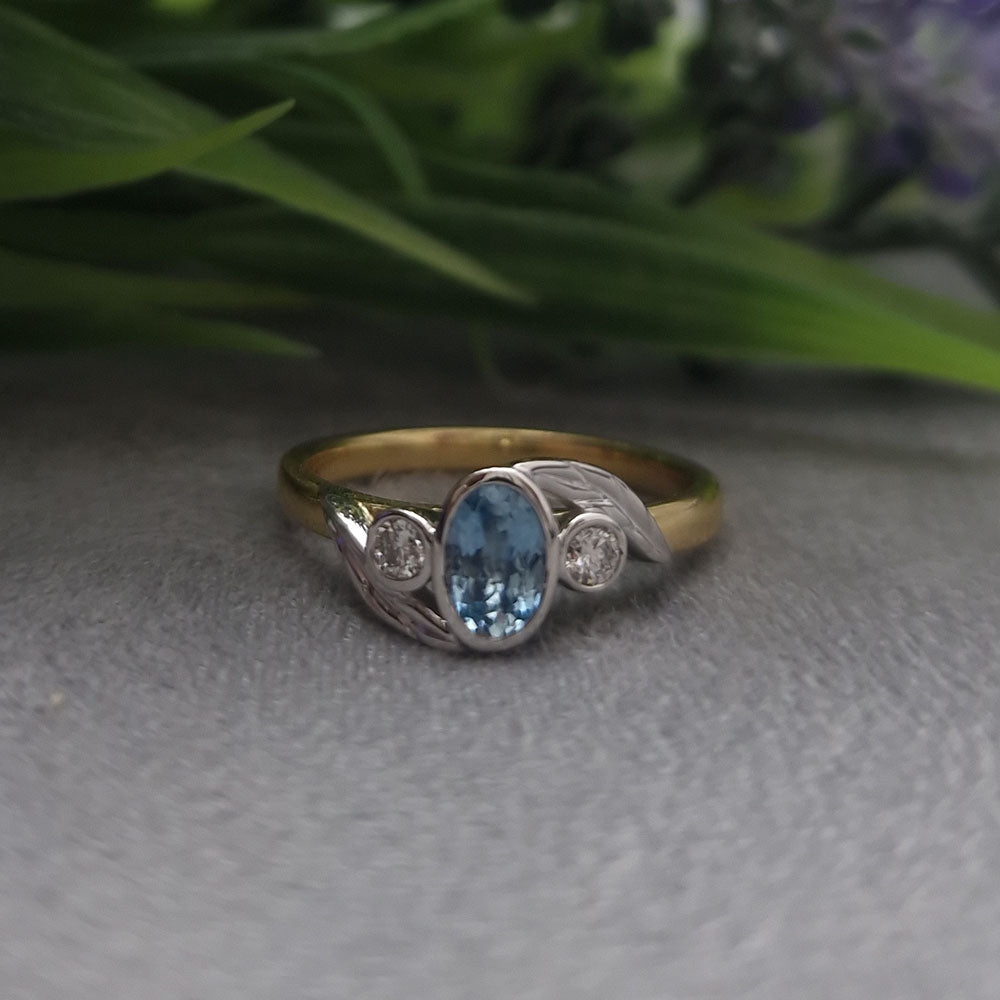 Bespoke Aquamarine and Diamond Ring in 18ct Yellow Gold and Platinum at Golden Sowdrop Jewellers in Shaftesbury Dorset, near Warminster. 