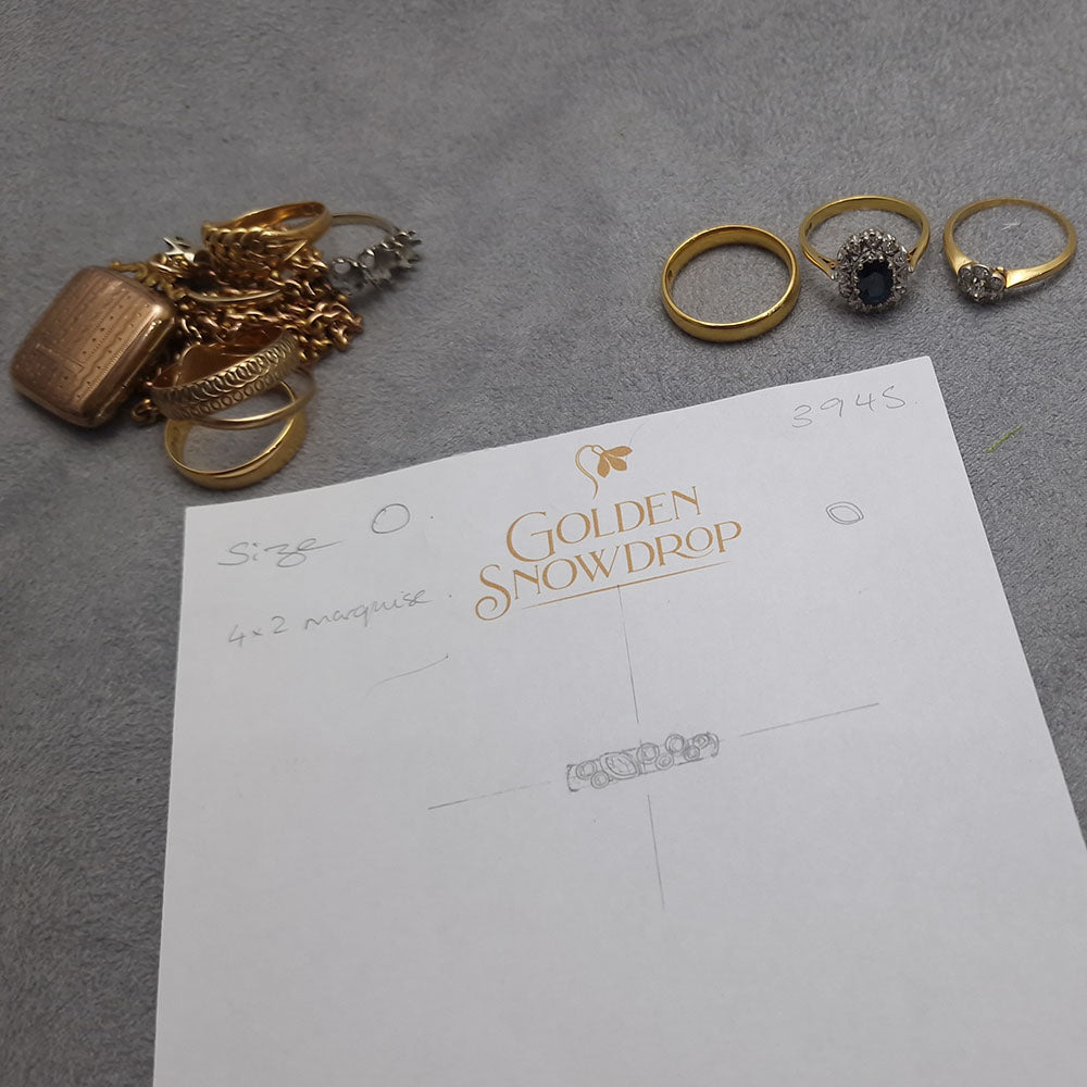 The hand drawn designs from the inital bespoke design conversation with our customer to make the bespoke Diamond and 18ct Yellow Gold, Sand Cast, Eternity Ring in our Tidal Style, at Golden Snowdrop Jewellers in Shaftesbury, Dorset near Wincanton. 