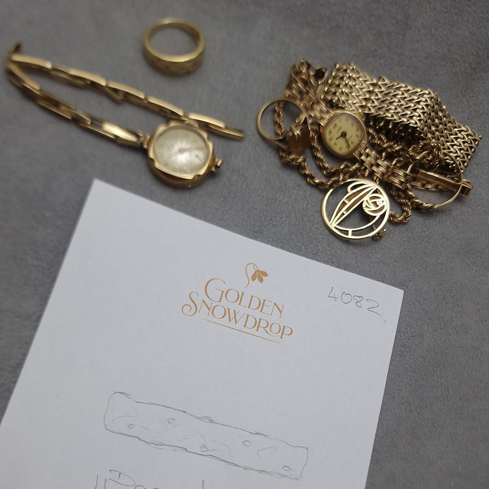 Hand drawn design at the first consultation with our jeweller, designer and gemmologist of the 9ct Yellow Gold Bangle, with Twelve Diamonds Flush Set at Equidistance around the Band with a Hammered, Satin Finish
Bespoke design made using our customers remodelled Gold at Golden Snowdrop the jewellers in Shaftesbury, near Fordingbridge. 