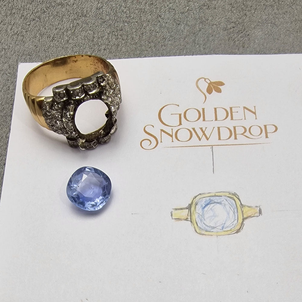 The initial hand drawn sketches from our customer's first bespoke consultation to design our customers bespoke, Sapphire and 18ct Yellow Gold Wax Carved Ring at Golden Snowdrop Jewellers in Shaftesbury, Dorset, near Gillingham. 