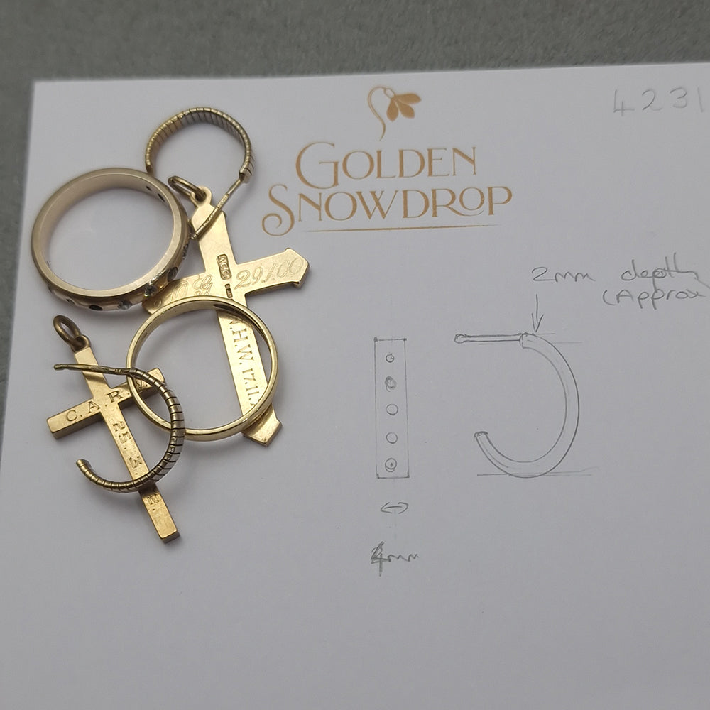 Hand-drawn design of the bespoke Diamond and Yellow Gold Hoop Earrings during our customers first consultation with our jeweller, gemmologist and designer, Stephanie. Bespoke design made using our customers Diamonds and Gold at Golden Snowdrop, the jewellers in Shaftesbury, near Amesbury. 