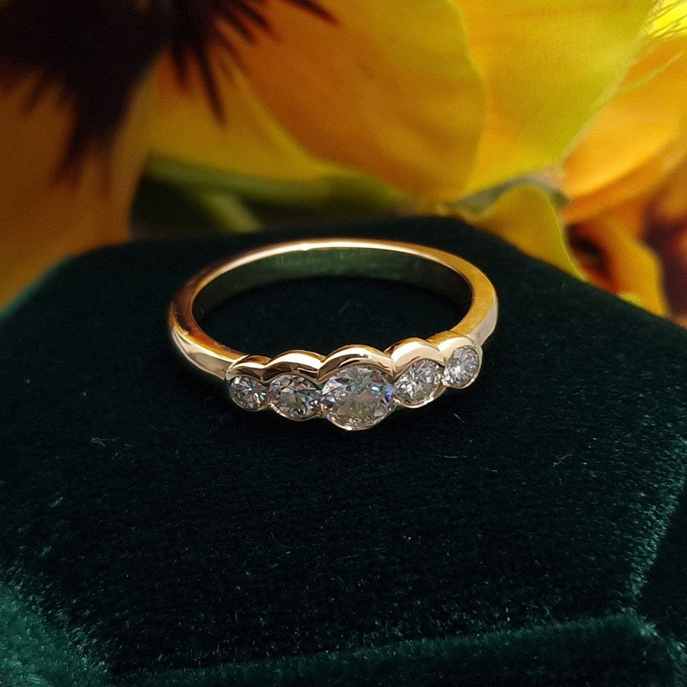 Bespoke Diamond Five Stone Eternity Style Ring In Yellow Gold, using our customer’s original gold and stones at Golden Snowdrop Jewellers in Shaftesbury, Dorset, near Warminster. 