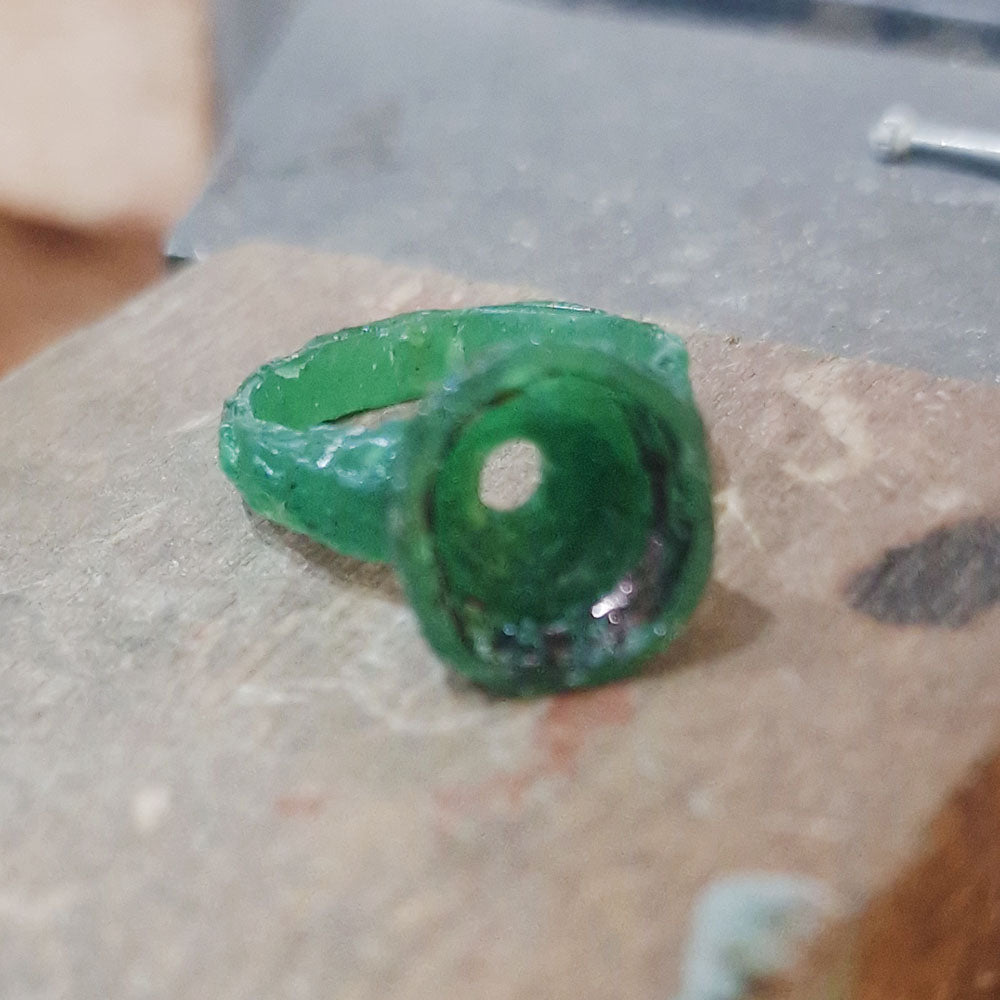 Bespoke, handmade, wax carved model  ready to cast the Sapphire and 18ct Yellow Gold ring, at Golden Snowdrop Jewellers in Shaftesbury Dorset, near Tisbury.
