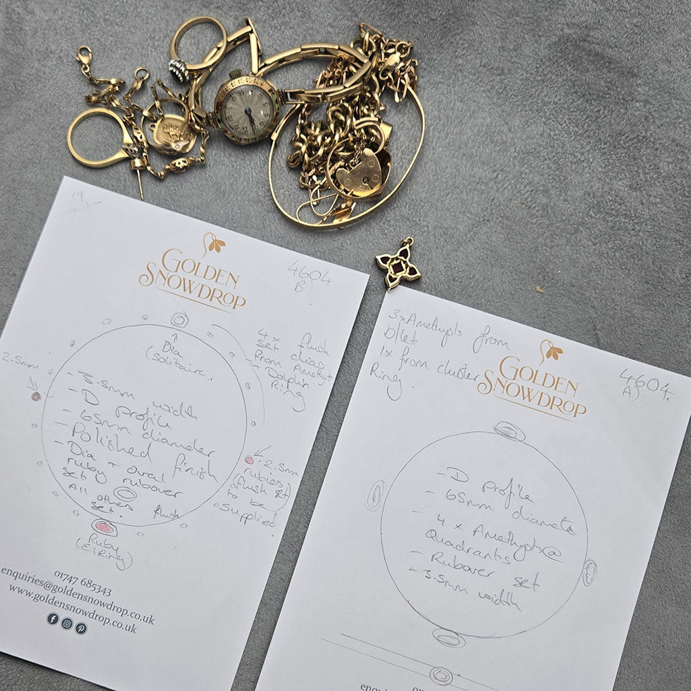 Hand drawn design at the first consultation with our jeweller, designer and gemmologist of the 9ct Yellow Gold Amethyst Set Bangle. 
Bespoke hand made to our customer’s specifications at Golden Snowdrop the jewellers in Shaftesbury, near Ringwood. 
