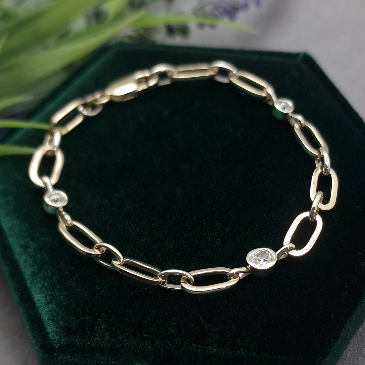 A 9ct yellow and white hand made gold paperclip chain bracelet with three clear round diamonds, remodelled from customers gold. Golden Snowdrop Shaftesbury Dorset