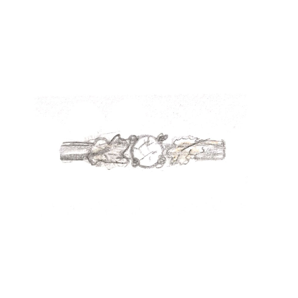 Hand drawn design of the Bespoke Diamond Solitaire Engagement Ring. Handmade in Platinum with 18ct Yellow Gold Oak leaf shoulders at Golden Snowdrop, the jewellers in Shaftesbury near Hindon.