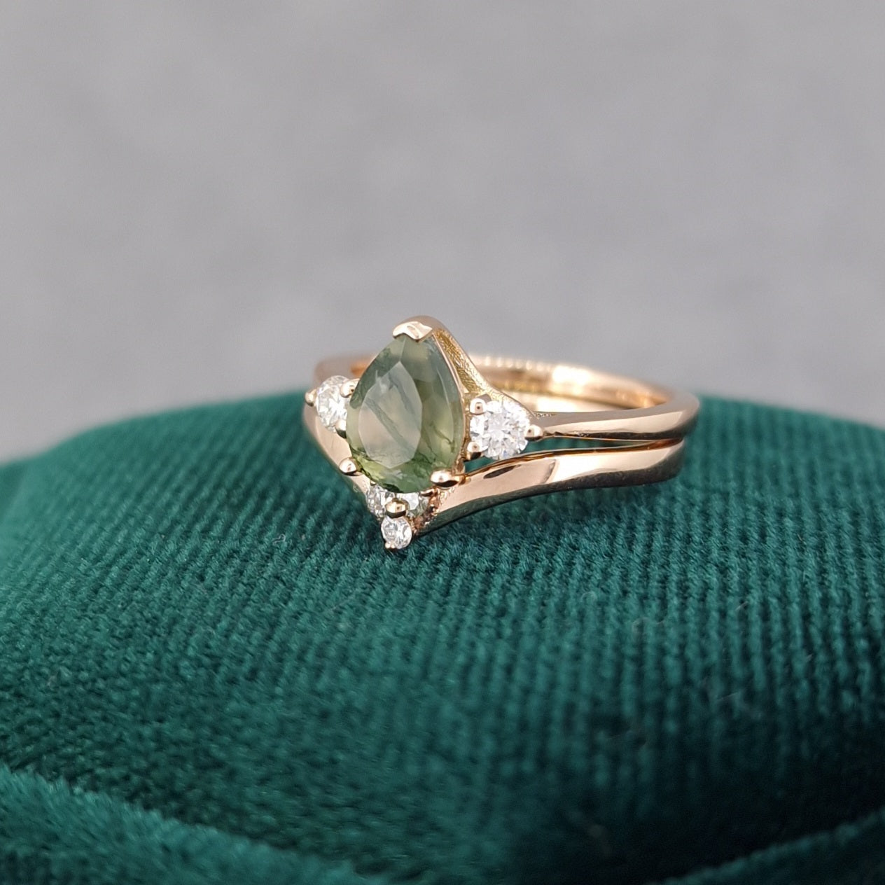 Moss Agate and Diamond 9ct Rose Gold Wedding and Engagement Ring Set. Custom CAD design.
Made at Golden Snowdrop Jewellers Shaftesbury, near Motcombe, Dorset.