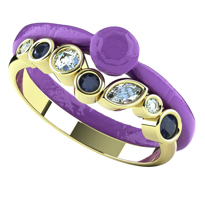 The render of the Bespoke Sapphire and Diamond 18ct Yellow Gold Ring. Hand finished using one of our customers remodelled Diamonds, at Golden Snowdrop the jewellers in Shaftesbury near Sturminster Newton.