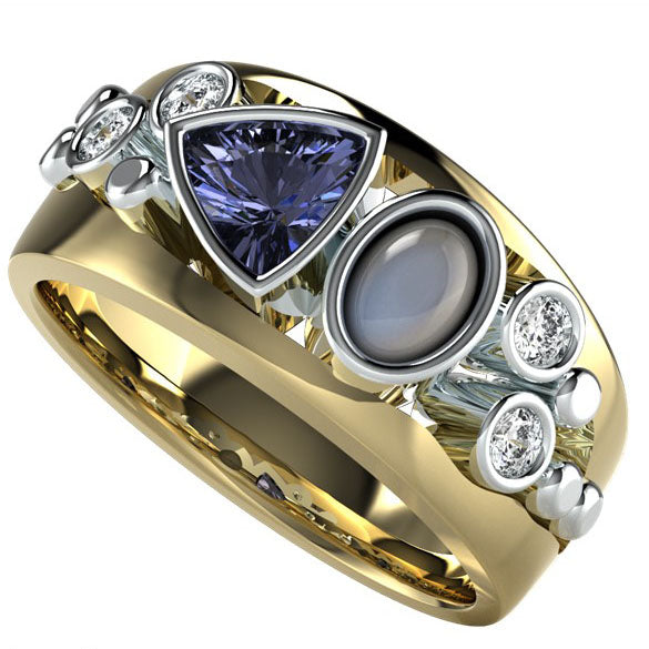 The render of the Bespoke Tanzanite, Opal And Diamond Yellow And White Gold Ring. Made using our customers opal and diamonds at Golden Snowdrop, the jewellers in Shaftesbury near Wincanton.