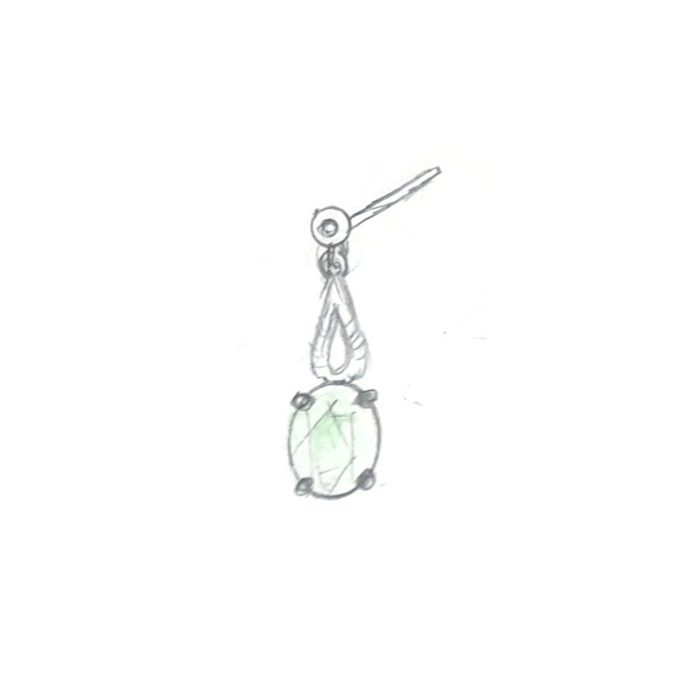 Hand-drawn design of the bespoke Emerald and Diamond Platinum Drop Earrings during our customers first consultation with our jeweller, gemmologist and designer, Stephanie. Handmade using our customers emeralds and diamonds at Golden Snowdrop the jewellers in Shaftesbury, near Salisbury. 