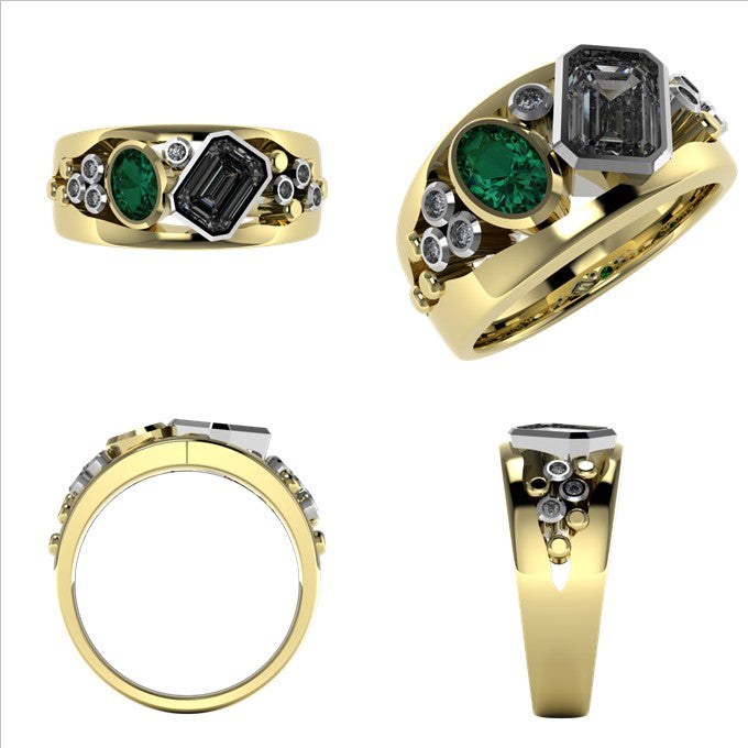The final render of the bespoke Diamond and Emerald ring set in 9ct Yellow Gold and Platinum. Bespoke design made using our customers Diamonds and Emerald at Golden Snowdrop Jewellers in Shaftesbury Dorset, near Ludwell. 