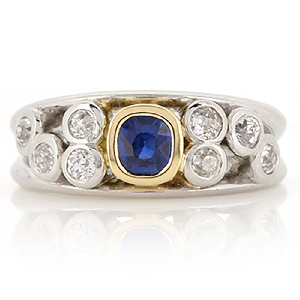 Bespoke Sapphire and Diamond Platinum & 18ct Yellow Gold Ring. Bespoke design remodelling our customers original ring at Golden Snowdrop the jewellers in Shaftesbury, near Bruton. 
