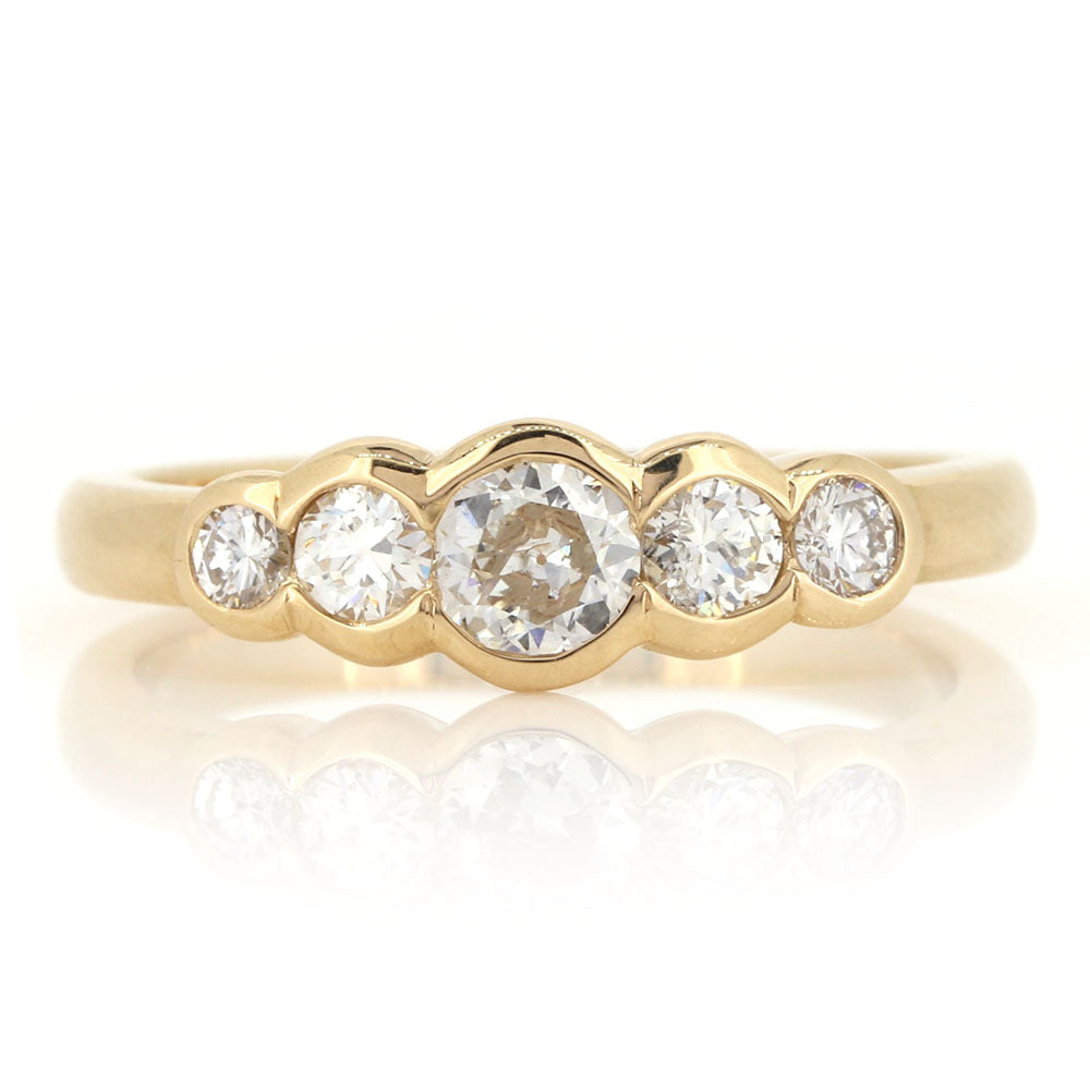 Bespoke Diamond Five Stone Eternity Style Ring In Yellow Gold, using our customer’s original gold and stones at Golden Snowdrop Jewellers in Shaftesbury, Dorset, near Sherborne. 