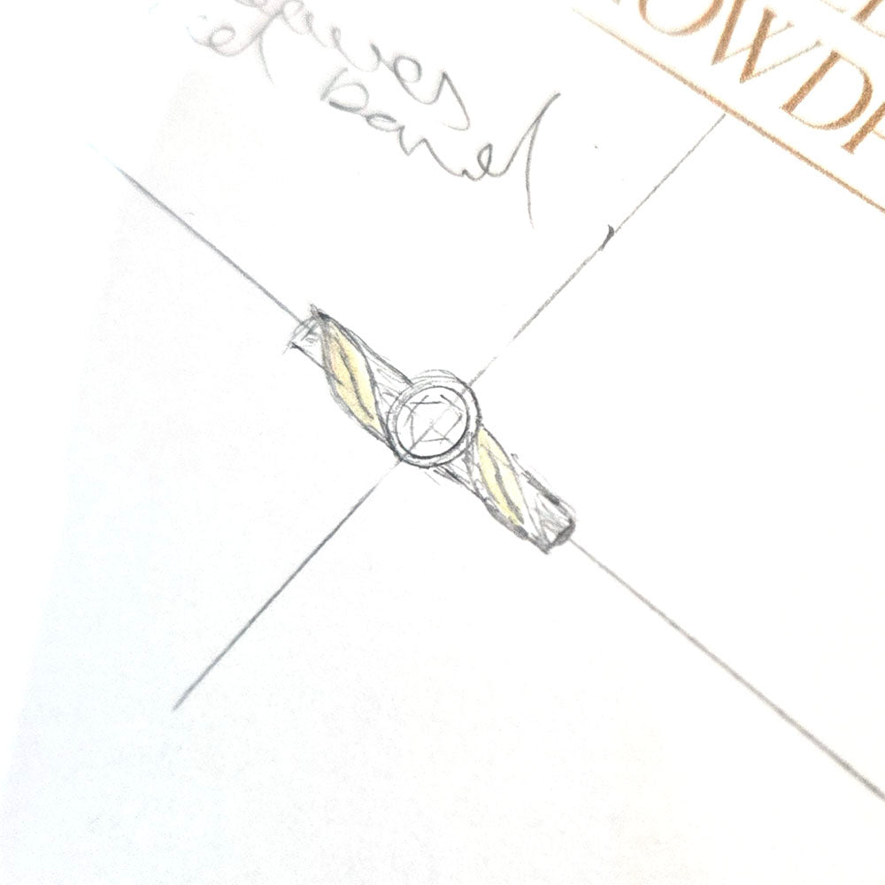 The initial sketch drawn in store for our customer during their first consultation to design the bespoke Diamond, Platinum and 18ct Gold Engagement Ring. Handmade with 18ct gold leaves detailing at Golden Snowdrop the jewellers in Shaftesbury Dorset, near Sherborne. 
