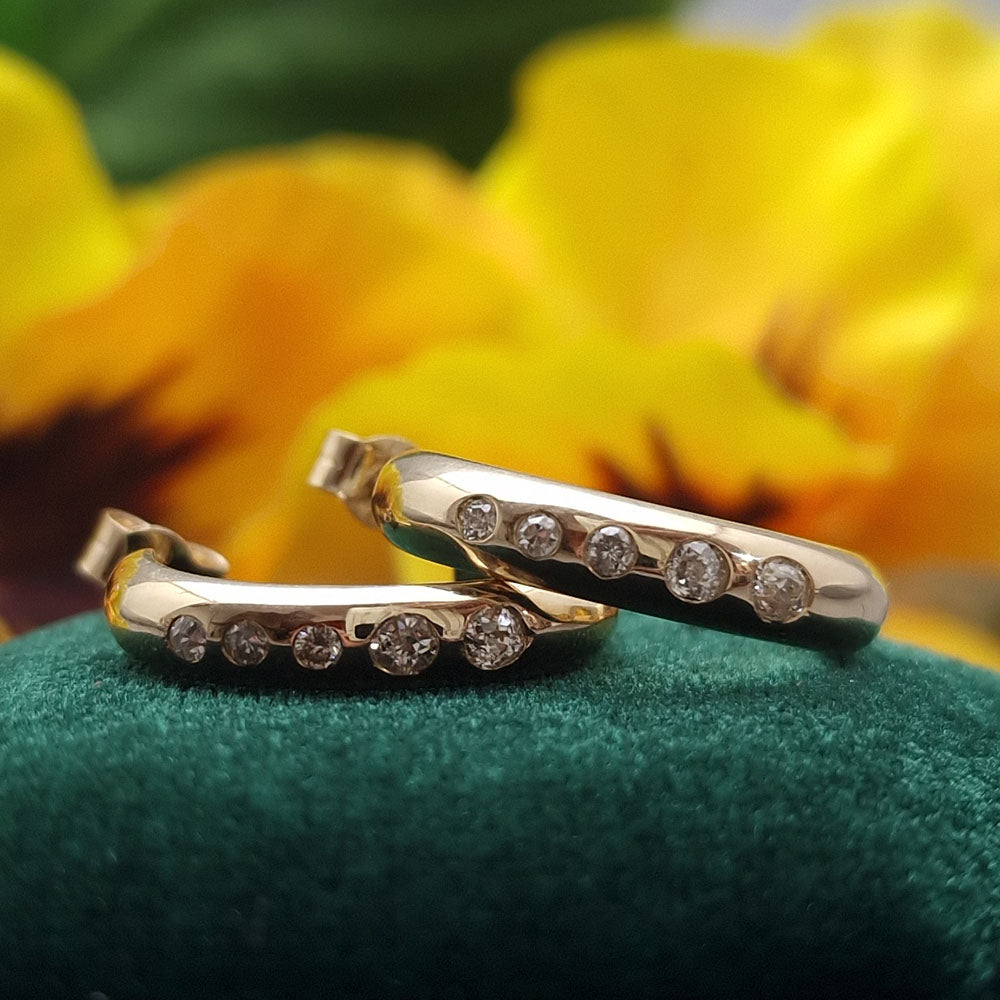 Bespoke Diamond and Yellow Gold Hoop Earrings. Bespoke design made using our customers Diamonds and Gold at Golden Snowdrop, the jewellers in Shaftesbury near Stockbridge. 
