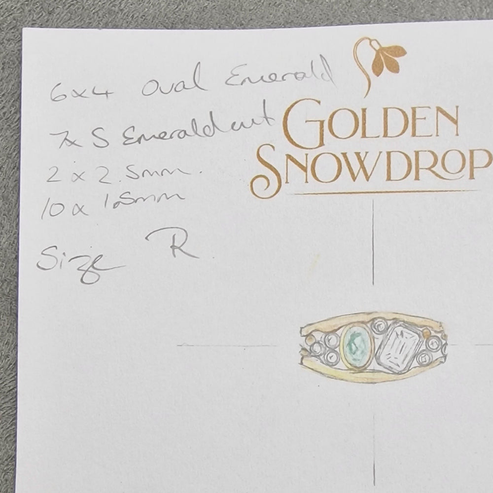The initial hand drawn sketches from our customer's first bespoke consultation to design the Diamond and Emerald, 9ct Yellow Gold and Platinum Ring. Bespoke design made using our customers Diamonds and Emerald at Golden Snowdrop Jewellers in Shaftesbury, Dorset near Wincanton. 