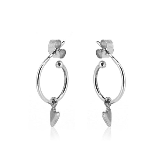Heart Hoop Stud Earrings Ball Ended - Sterling Silver Hoop Earrings