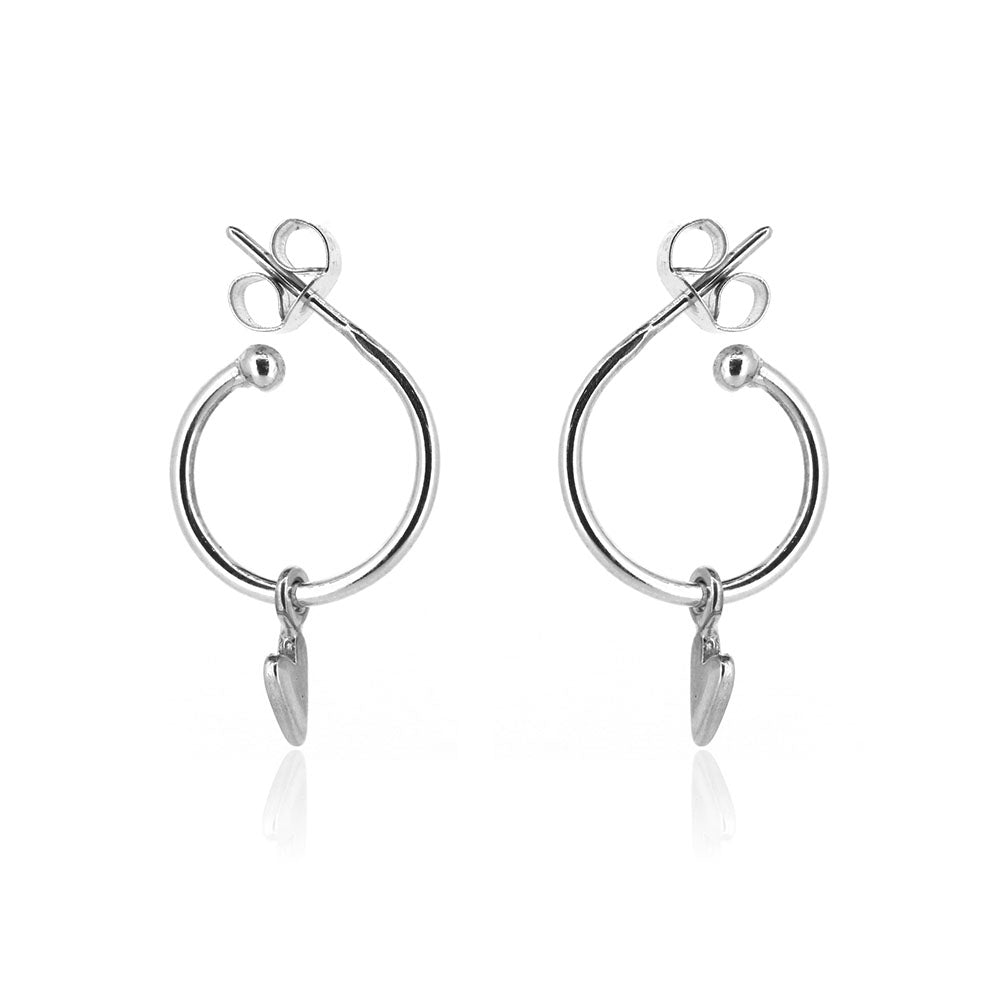 Heart Hoop Stud Earrings Ball Ended - Sterling Silver Hoop Earrings